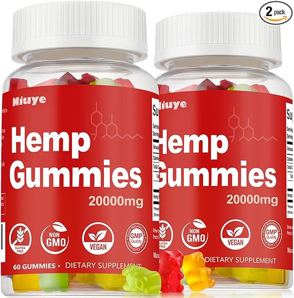 2-Pack Hemp Gummies Extra Strength - 20,000mg High Potency - Rich in Omega 3-6-9 & Infused with Hemp Oil - 3rd-Party Tested - Made in USA